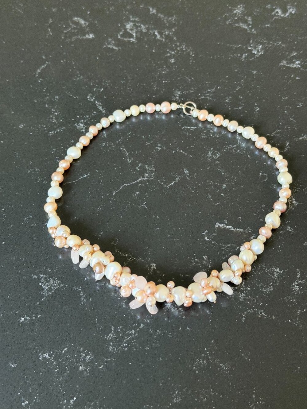 Freshwater Pearl & Rose Quartz Necklace with Sterling Silver Toggle Clasp - Picture 2 of 4